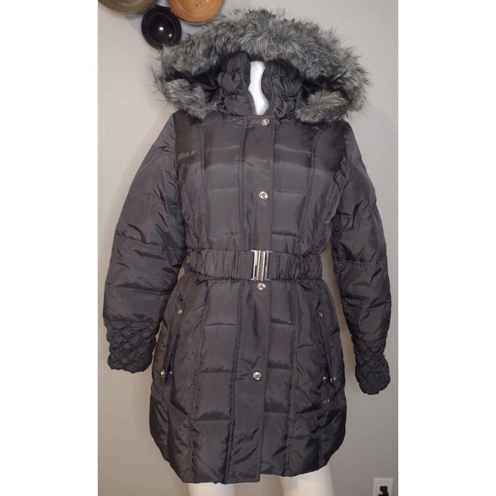 Betsey Johnson Puffer Coat Jacket Medium Gray Mid Length Belt Faux Fur Hood